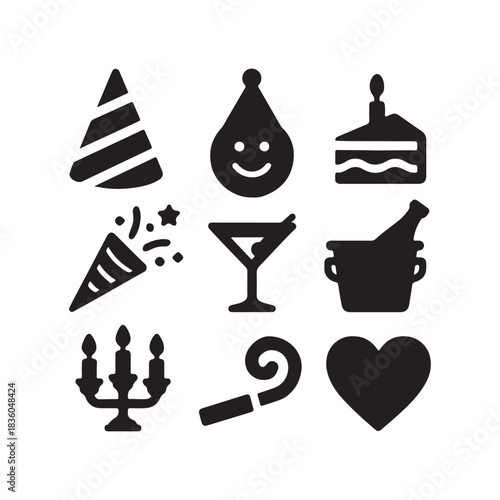 Party celebration icons silhouette set with hat, balloon, cake popper, cocktail, champagne candelabra, horn and heart