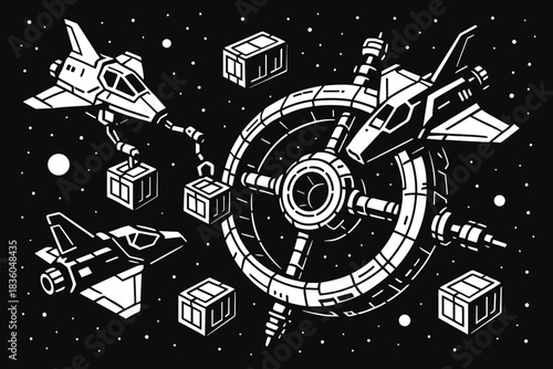 Spacecraft maneuvering around a futuristic space station while transporting cargo in deep space at night