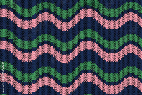 Bright and colorful knitted fabric with wavy patterns in pink, green, and navy blue