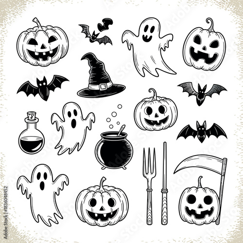 Hand drawn halloween icons featuring pumpkins ghosts bats and witch hat