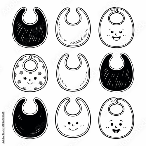Collection of hand drawn baby bibs with cute faces and patterns