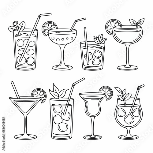 Collection of hand drawn cocktail illustrations with ice and garnishes