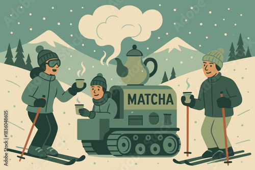 Winter matcha gathering in the snowy mountains with skiing friends enjoying warm drinks outdoors
