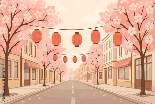 Cherry blossom street adorned with lanterns creates a serene atmosphere in springtime city's landscape