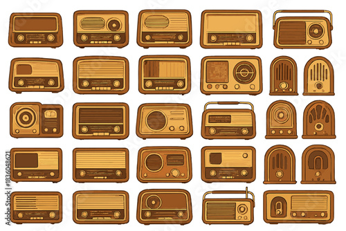 Vintage radios in various designs arranged in a grid showcasing classic audio technology from past decades