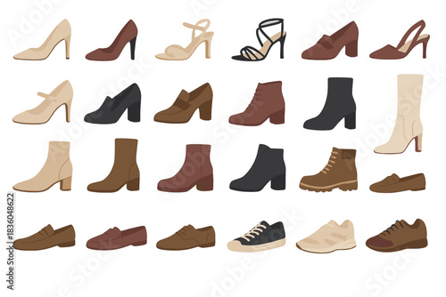 Variety of stylish shoes displayed on a flat surface for a fashion showcase