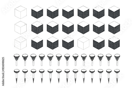 Patterns of black and white cubes with green garden lights arranged in a grid formation during daytime