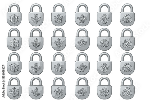 Decorative collection of silver locks featuring intricate designs of plants and patterns in a grid layout