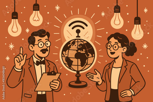 Two professionals discussing global connectivity and technology in a modern office setting with glowing light bulbs