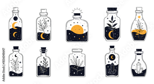 A collection of mystical potion bottles containing celestial elements like moons stars and plants for magical and esoteric designs.