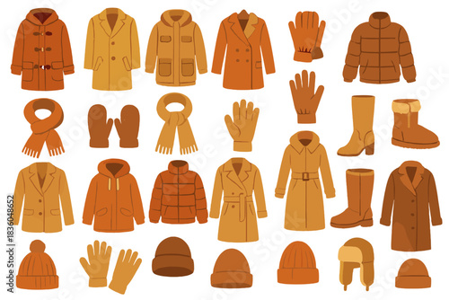 Warm winter clothing collection featuring jackets, gloves, hats, and scarves in cozy earth tones for cold weather activities