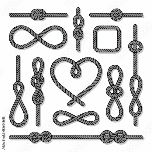 Collection of various rope knots and nautical ties in different shapes