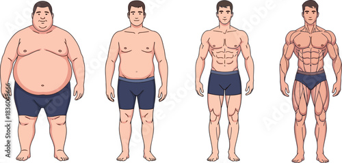 Stunning visual progression showing dramatic body transformation from obese to extremely muscular physique