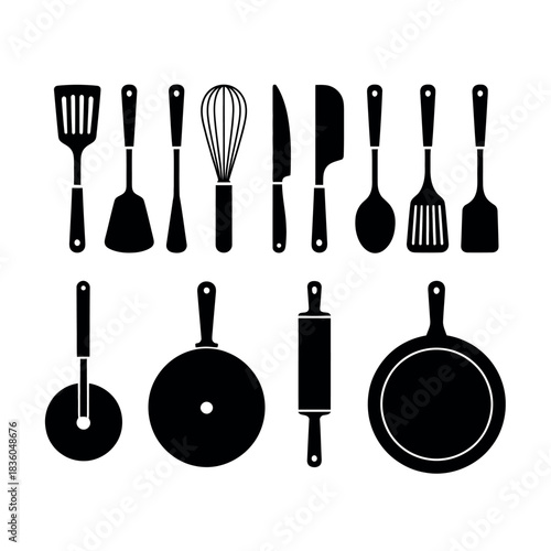 Collection of black silhouettes of kitchen utensils and cooking tools