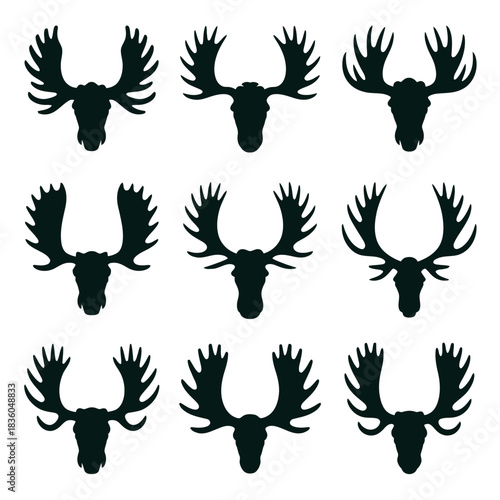 Collection of nine black moose head silhouettes with large antlers