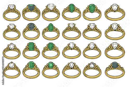 Beautiful selection of ornate gold rings with various gemstones displayed in an organized layout