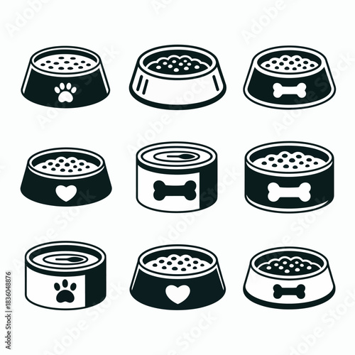 Collection of simple black and white pet food bowls and cans