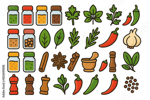 Colorful array of spices and herbs arranged in various containers on a white background showcasing culinary essentials for cooking