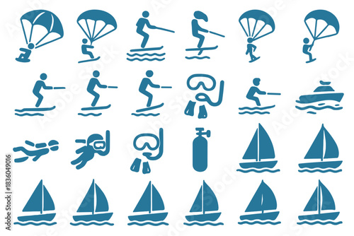 Various water sports activities and equipment icons showcasing fun and adventure on the sea during summer