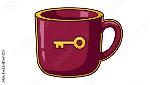 Maroon Mug with Golden Key Design, Ceramic Cup for Hot Beverages.