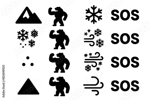 Symbols representing various weather conditions and emergencies for outdoor adventures and safety reminders