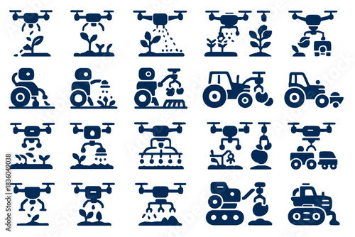 Various agricultural drones and machinery activities shown in a clear layout emphasizing farm innovation and modern technology