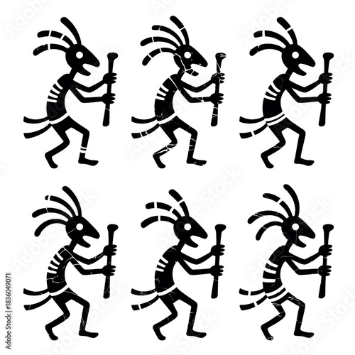 Six black silhouette kokopelli figures playing flutes in a grid pattern