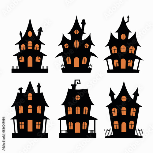 Collection of spooky silhouetted haunted houses with glowing windows