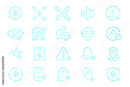 Collection of teal icons representing various actions and symbols related to temperature, alerts, and environmental monitoring