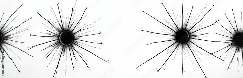 Obraz premium Multiple dark impact holes create intricate spiderweb cracks on transparent glass pane. Shattered window surface shows significant destruction pattern. Abstract graphic texture background for damage,