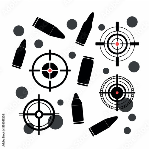 Collection of target sights and bullets on white background