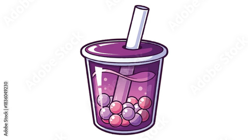 Illustration of a refreshing purple bubble tea drink with tapioca pearls.