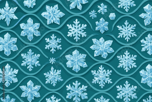 Decorative blue background featuring a variety of frosty snowflake shapes in a playful arrangement