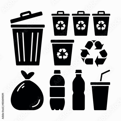 Collection of black silhouettes of trash cans recycling bins and waste items