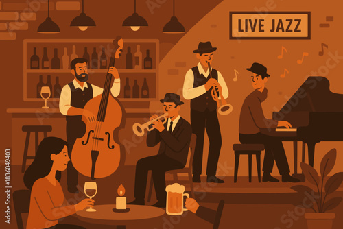 Jazz musicians perform live in a cozy bar while guests enjoy drinks and music during an evening gathering
