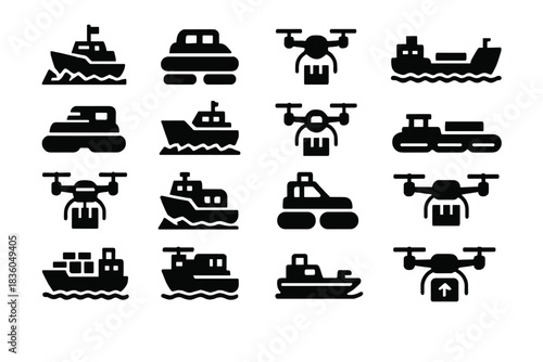 Various silhouettes of boats and drones in different positions and activities on water