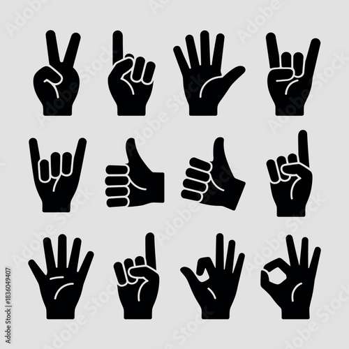 Collection of black hand gestures and symbols on a light gray background