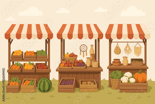 Colorful market stalls display fresh produce and crafts in a lively outdoor setting during the day