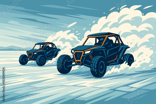 Two off-road vehicles racing on a sandy landscape with splashes of sand during a bright daytime adventure