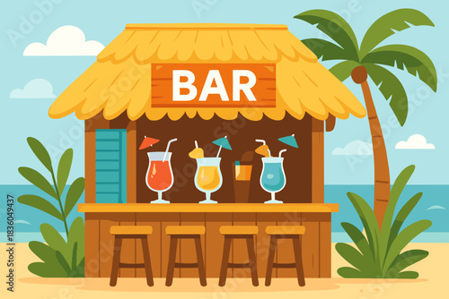 Tropical beach bar with colorful cocktails and palm trees in a sunny setting