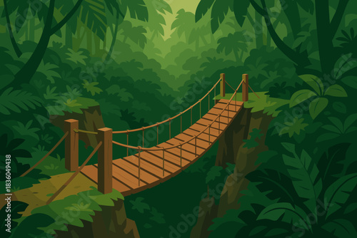 Suspended wooden bridge over a ravine surrounded by dense jungle foliage in a tranquil setting