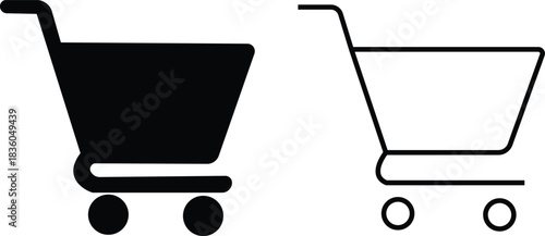 Shopping cart icon set collection group in black flat and line style, retail trolley basket symbol pack with ecommerce market store shopping outline graphics, commercial purchase UI elements