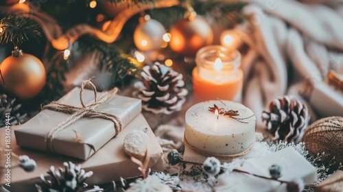 A spa gift card and musical tickets placed as Christmas gifts under a beautifully lit tree, creating a cozy mood.