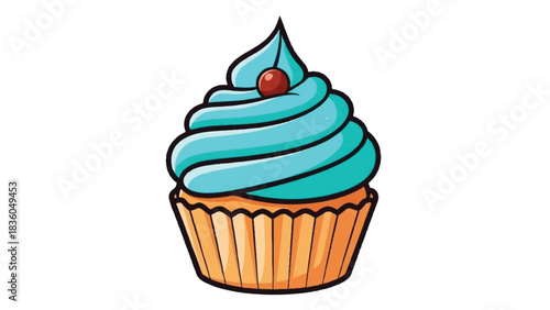 Delicious cupcake with blue frosting and cherry on top is tempting.
