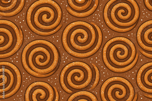 Brown spiral cinnamon rolls arranged in a repeating pattern on a wooden surface