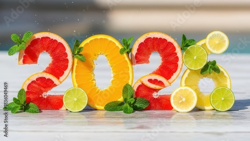 Fresh citrus fruit slices form the year 2023 surrounded by green mint leaves