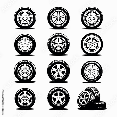 Collection of various car wheel and tire designs in a grid layout