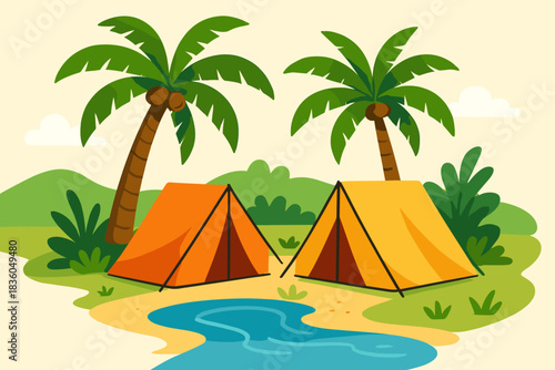 Campsite by the river with colorful tents and palm trees in a serene landscape
