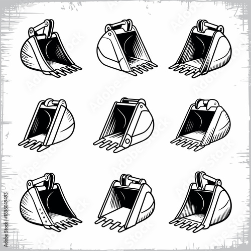 Collection of hand drawn excavator buckets in sketch style