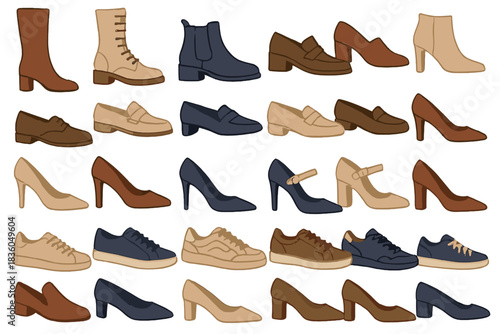 Various types of shoes arranged in a colorful pattern showcasing styles like boots, sneakers, flats, and heels